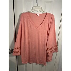 XIEERDUO Womens 3X Pink Eyelet 3/4 Sleeves VNeck‎ New